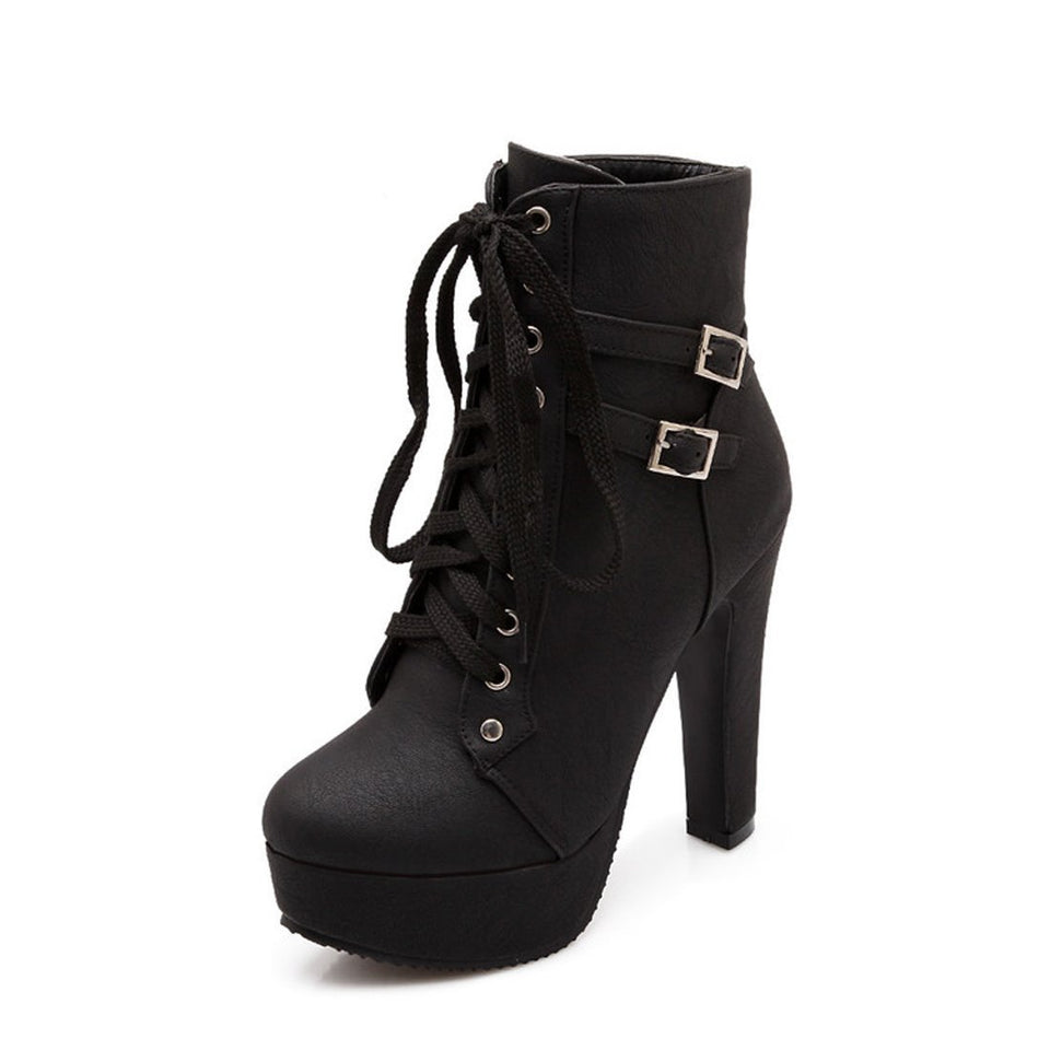 Susanny Women Autumn Round Toe Lace Up Ankle Buckle Chunky High Heel Platform Knight Martin Boots
