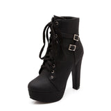 Susanny Women Autumn Round Toe Lace Up Ankle Buckle Chunky High Heel Platform Knight Martin Boots