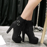 Susanny Women Autumn Round Toe Lace Up Ankle Buckle Chunky High Heel Platform Knight Martin Boots